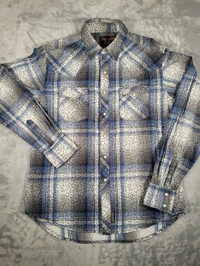 Wrangler Retro Premium Western Floral Plaid Pearl Snap Shirt Size M Blue White